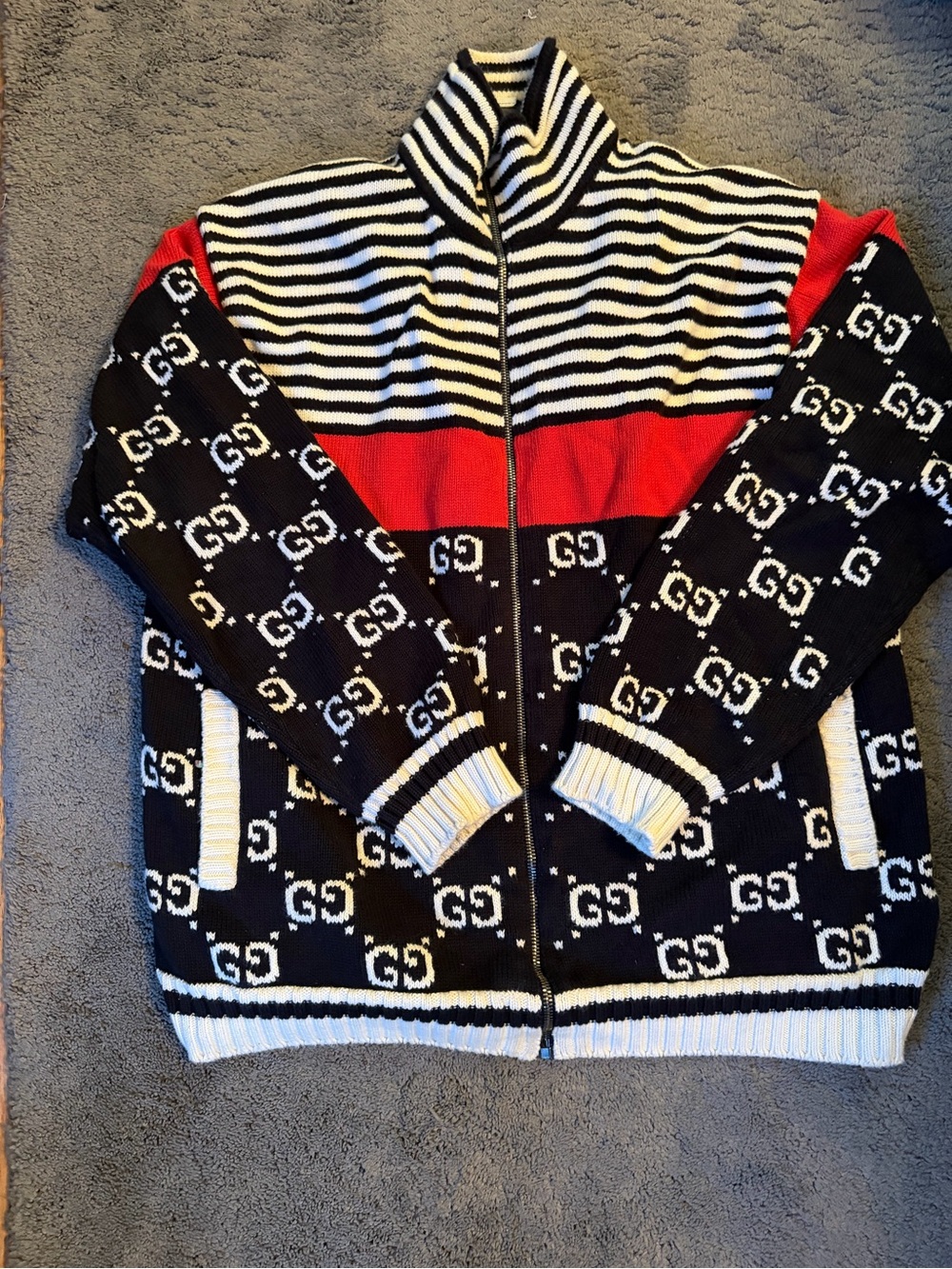 Gucci Striped Zip Knit Cardigan in Deep Navy, White & Red